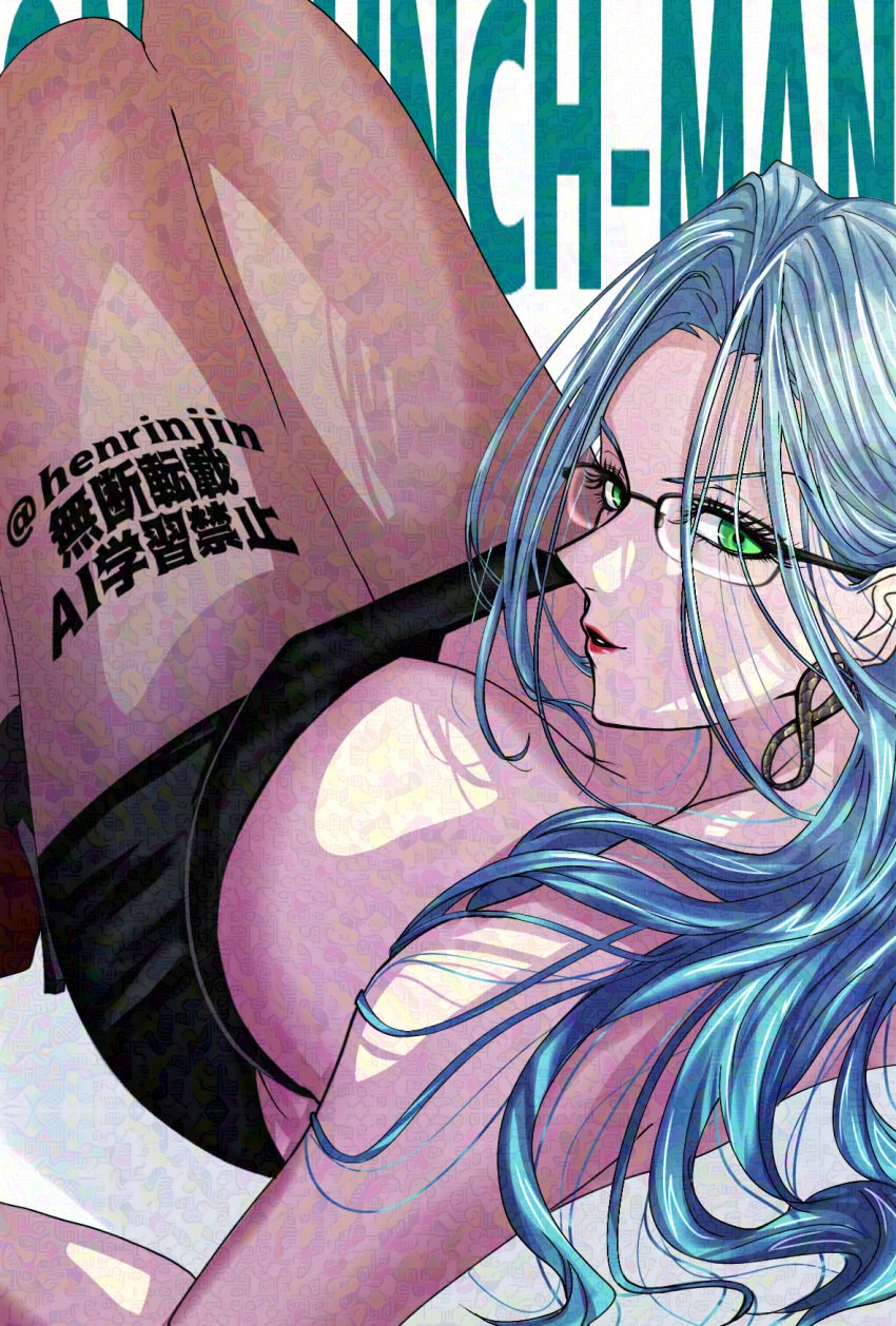 1girls bare_arms bare_legs bare_shoulders bare_thighs big_breasts blue_hair clothed clothing color dress female female_focus female_only glasses green_eyes hi_res large_breasts light-skinned_female light_skin long_hair looking_at_viewer one-punch_man psykos solo solo_female tagme thick_thighs