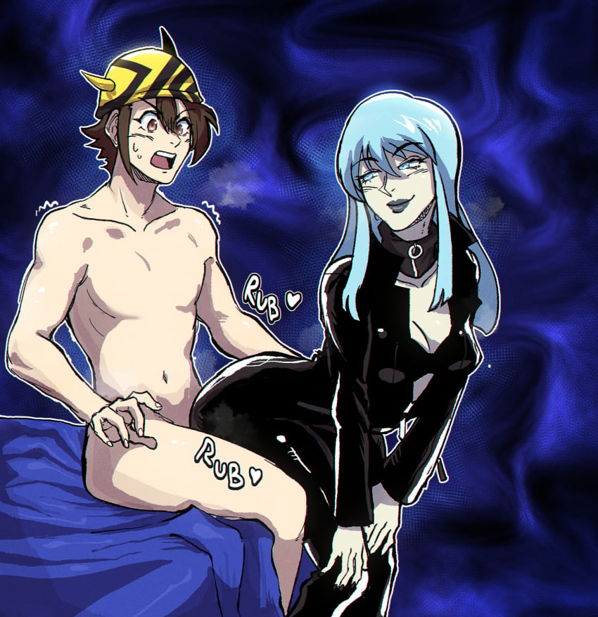 1boy 1girls atlus beanie black_bra black_lips black_lipstick black_nails blue_eyes blue_hair brown_eyes brown_hair cfnm choker closed_smile clothed clothed_female clothed_female_nude_male clothed_sex clothing commission commissioner_upload demon demon_girl devil_summoner dominant_female embarrassed embarrassed_nude_male enjoying enm female fully_naked fully_nude hands_on_knees hat hat_only heart_symbol hourglass_figure imminent_penetration kneeling leather leather_clothing lips lipstick looking_back male megami_tensei nail_polish nails_painted naked naked_male nemissa_(megami_tensei) nude nude_male nudity on_bed only_one_naked onomatopoeia open_jacket open_mouth pale-skinned_female rubbing rubbing_ass_on_penis rubbing_crotch rubbing_penis saverpengu shaking sitting smile smiling smirk smirking soul_hackers standing tremble_lines trembling white_skin yuichi_(megami_tensei)