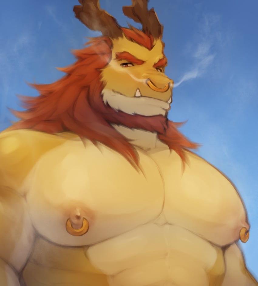 1boy anthro bara big_pecs dragon dragon_boy dragon_horns facial_hair furry furry_male horn male male_focus male_only muscular muscular_anthro muscular_male naked nipple_piercing nipples nose_piercing pec2pecs pecs piercing