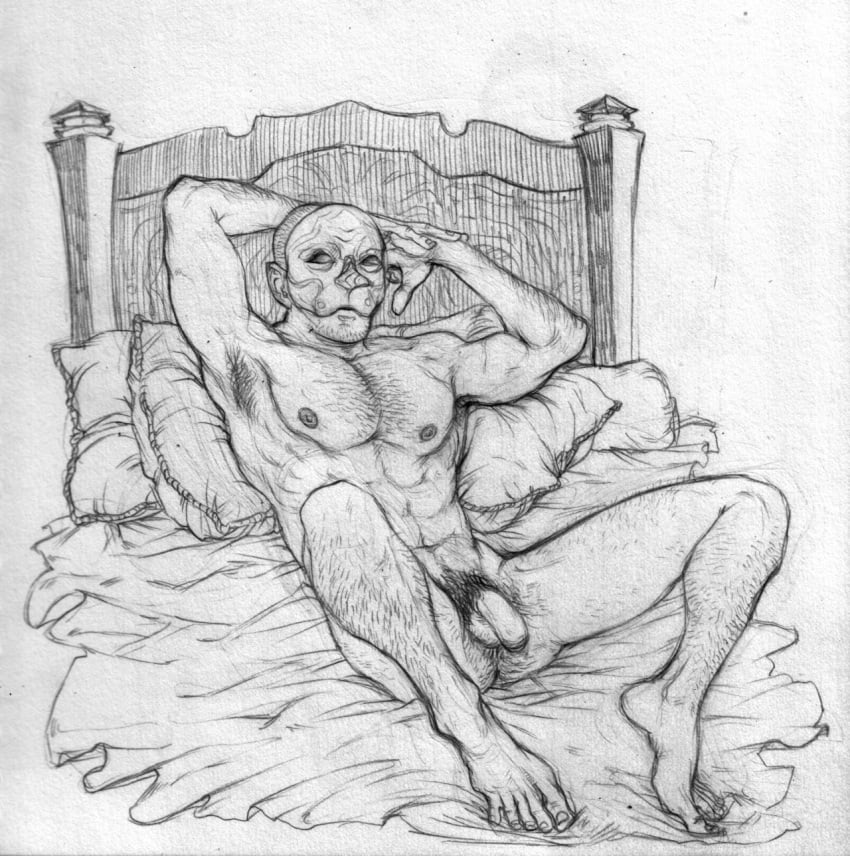 1boy dragon_age dragon_age_inquisition first_porn_of_character flaccid flaccid_penis gaspard_de_chalons hands_behind_head legs_apart line_art male_only masked masked_male oldstupidtemplar on_back on_bed pinup