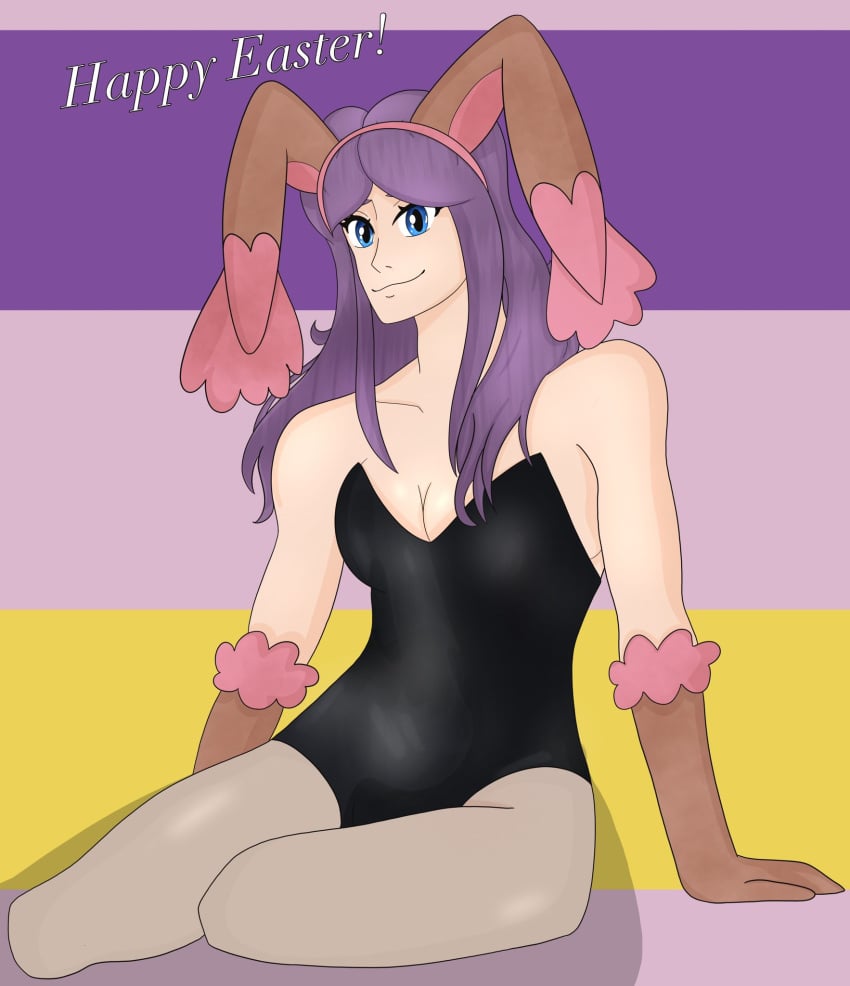 amputated_leg amputated_legs amputee blue_eyes broad_shoulders bunny_costume bunny_ears bunny_suit bunnygirl bunnysuit easter_bunny gloves light-skinned_female limbless looking_at_viewer lopunny_(cosplay) manly_face original_character pokemon pokemon_oc pokemon_ss purple_hair sexy sword_and_shield ugly_female ugly_woman