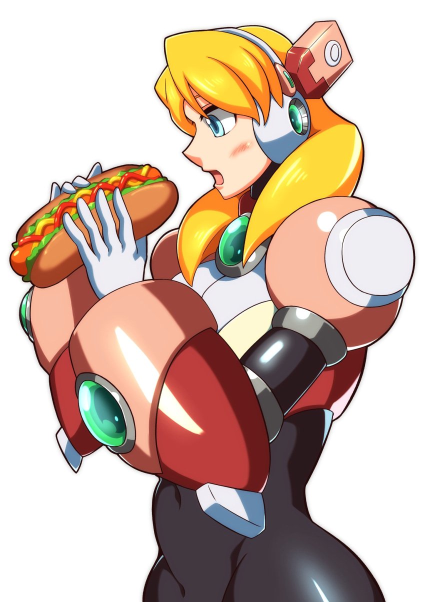 1girls alia big_breasts black_bodysuit blonde_hair blue_eyes blush hands_up hot_dog kotatuman_dash long_hair mega_man mega_man_x open_mouth robot_girl white_background white_gloves