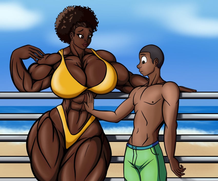 abs african_female afro beach biceps big_lips bigger_female breasts dakota_(tomkat96) large_breasts muscle_worship muscular muscular_female taller_female thick_thighs tomkat96 weak_male