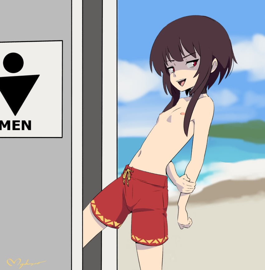 1girls areolae beach erect_nipples fair-skinned_female fair_skin female female_only flat_chest kono_subarashii_sekai_ni_shukufuku_wo! light-skinned_female light_skin male_swimwear_challenge megumin mens_swimsuit_challenge myahogao nipples swimsuit topless