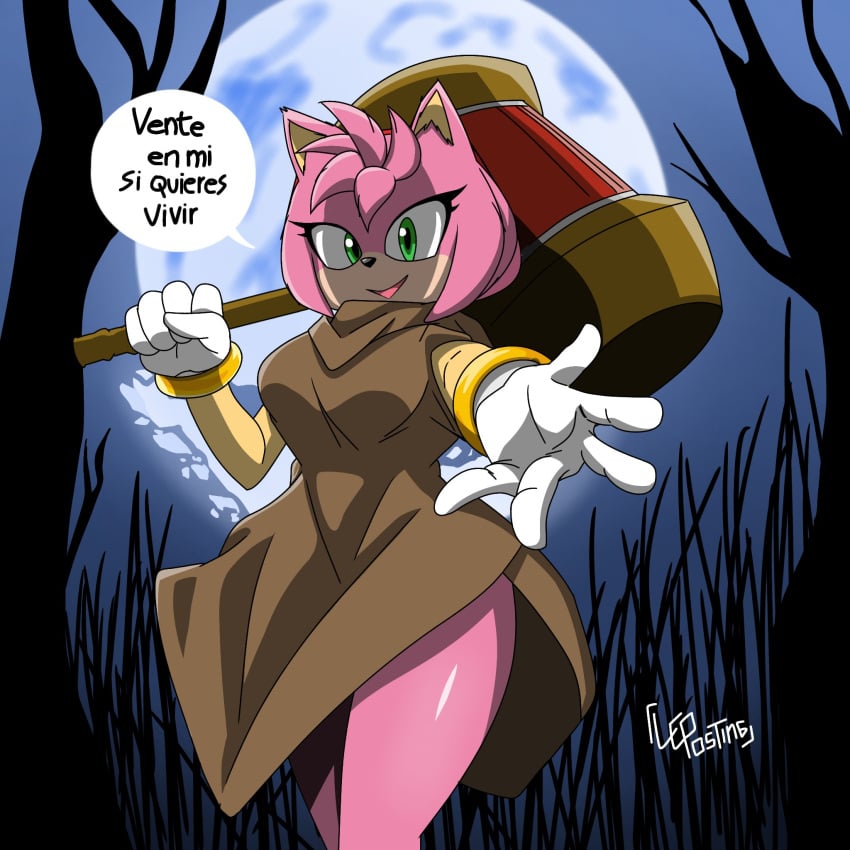 2d 2d_artwork amy_rose amy_rose_(sonic_movie) big_breasts bracelets clothing eyelashes forest_background gloves green_eyes hedgehog_girl hourglass_figure legs leoposting moon open_smile paramount_pictures piko_piko_hammer pink_fur sega smiling_at_viewer sonic_(series) sonic_the_hedgehog_(film) sonic_the_hedgehog_(series) spanish spanish_commentary spanish_dialogue spanish_text thick_thighs