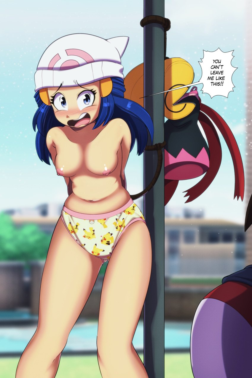 braless childish_panties dawn_(pokemon) euf-dreamer humiliation no_bra p3tosizes panties pokemon print_panties print_underwear public_exposure public_nudity underwear