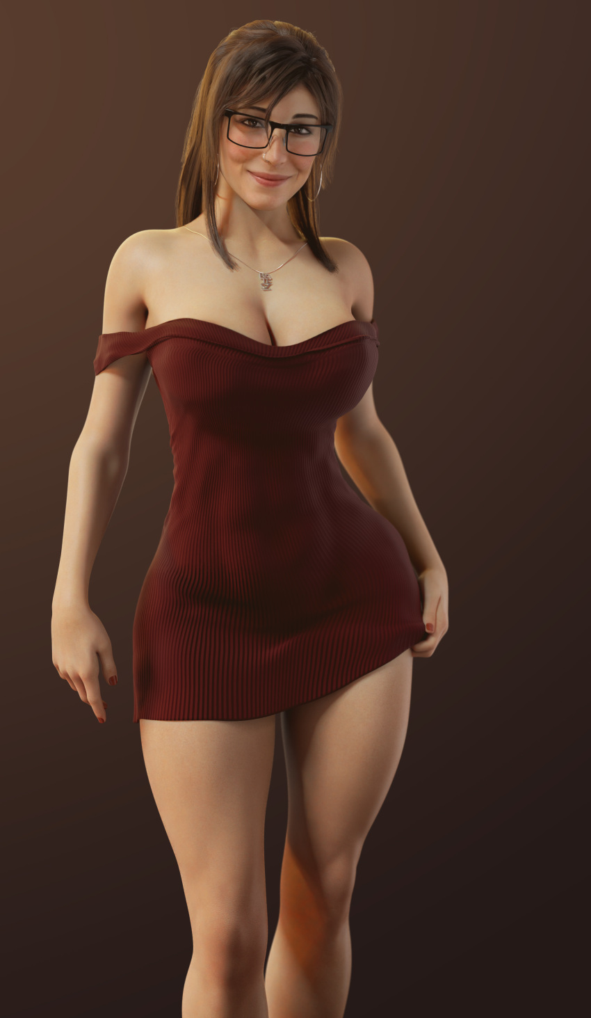 1girls 3d batesz big_breasts blender breasts brown_hair cleavage clothed dress female female_only fully_clothed glasses hoop_earrings lara_croft lara_croft_(survivor) large_breasts looking_at_viewer necklace off_shoulder off_shoulder_dress smile solo tomb_raider tomb_raider_(survivor)