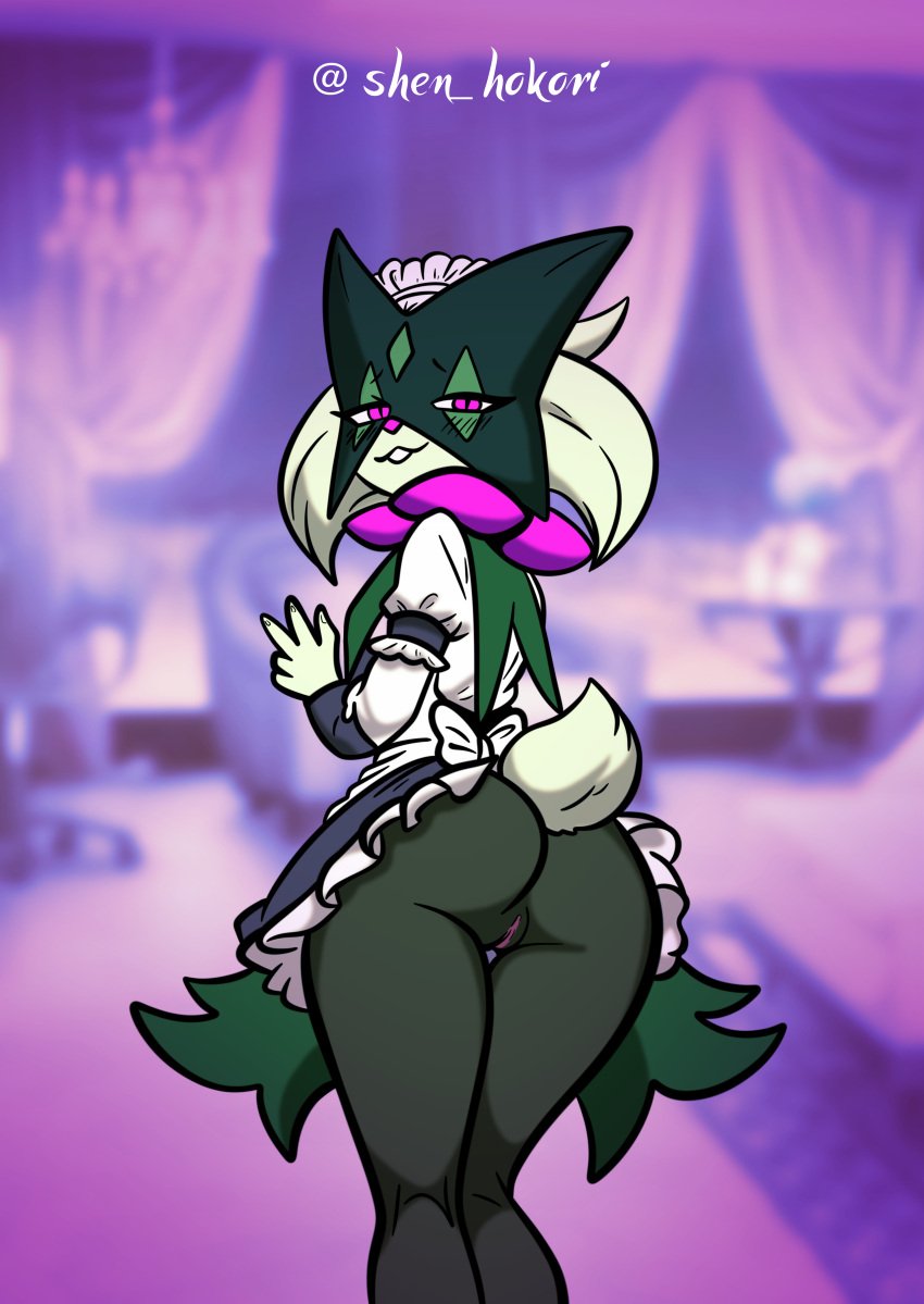 absurd_res anthro ass blush clothed clothing digital_media_(artwork) felid feline female fur generation_9_pokemon genitals green_body green_fur hi_res looking_at_viewer maid_uniform mammal meowscarada nintendo pokemon pokemon_(species) pussy servant shen_hokori simple_background solo tail uniform