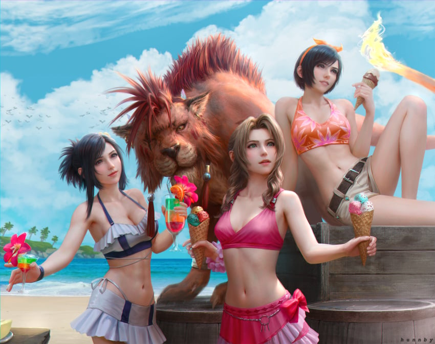 1boy 3girls abs aerith_gainsborough aerith_gainsborough_(pink_mermaid) bare_legs beach bikini bikini_skirt bikini_top_only black_hair blue_sky bow breasts brown_hair cleavage cocktail_glass cup drinking drinking_glass drinking_straw final_fantasy final_fantasy_vii final_fantasy_vii_rebirth final_fantasy_vii_remake flame-tipped_tail floral_print_bikini frilled_bikini frills hairbow highres honeybunny-art ice_cream_cone large_breasts medium_breasts multiple_girls ocean official_alternate_costume official_alternate_hairstyle pink_bikini realistic red_fur red_hair red_xiii short_shorts shorts sitting sky swimsuit tifa_lockhart tifa_lockhart_(shining_spirit) toned toned_female white_bikini white_shorts yuffie_kisaragi yuffie_kisaragi_(summer_orange)