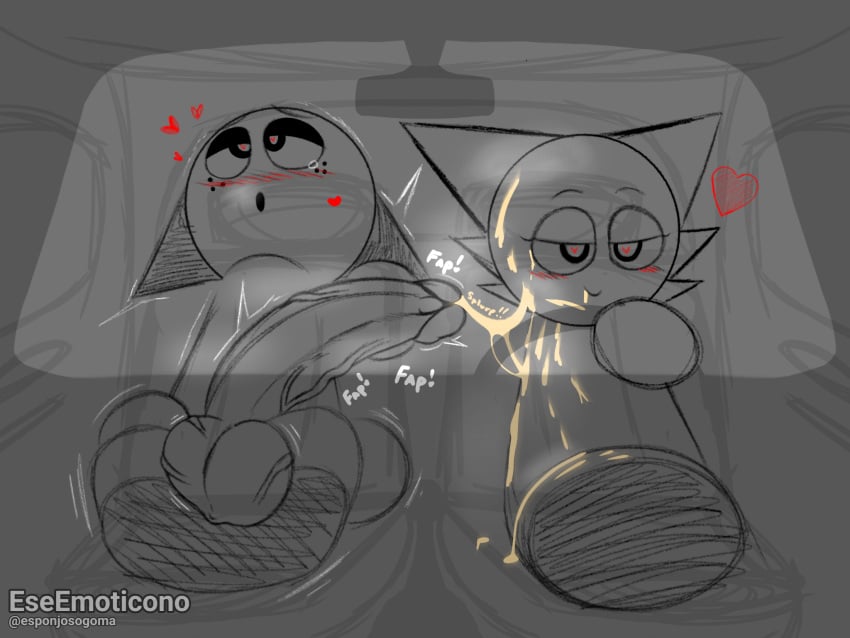 after_fellatio cum_in_mouth cum_on_face driving excessive_cum gray_(sprunki) gray_background handjob heart heart-shaped_pupils heart_symbol huge_cock sketch sprunki unfinished wenda_(sprunki)