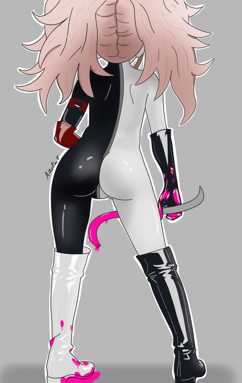 ass azureemmi_(artist) blood danganronpa danganronpa:_trigger_happy_havoc junko_enoshima latex latex_suit long_hair rubber_suit simple_background