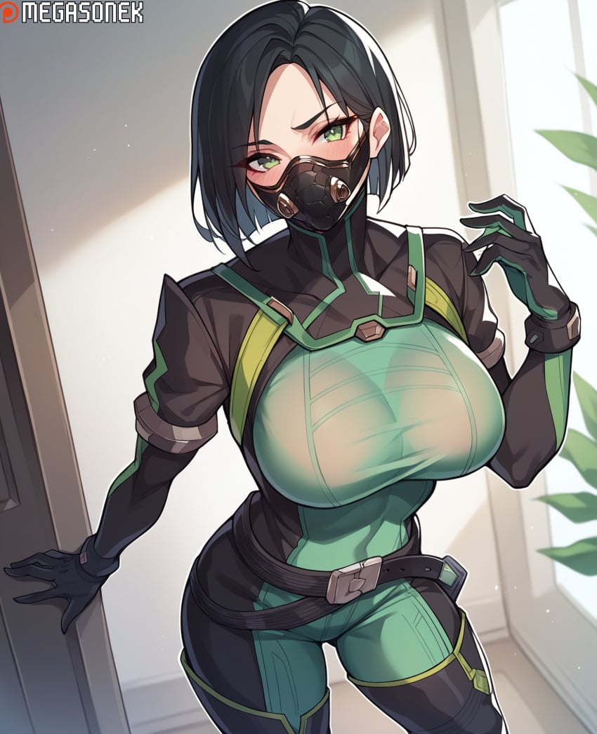 ai_generated animification bangs belt black_gloves black_hair black_thighhighs blush bodysuit boots breasts female gloves green_bodysuit green_eyes hand_up large_breasts looking_at_viewer mask megasonek mouth_mask parted_bangs patreon_logo patreon_username respirator riot_games short_hair skin_tight solo thigh_boots thighhighs valorant viper_(valorant) watermark