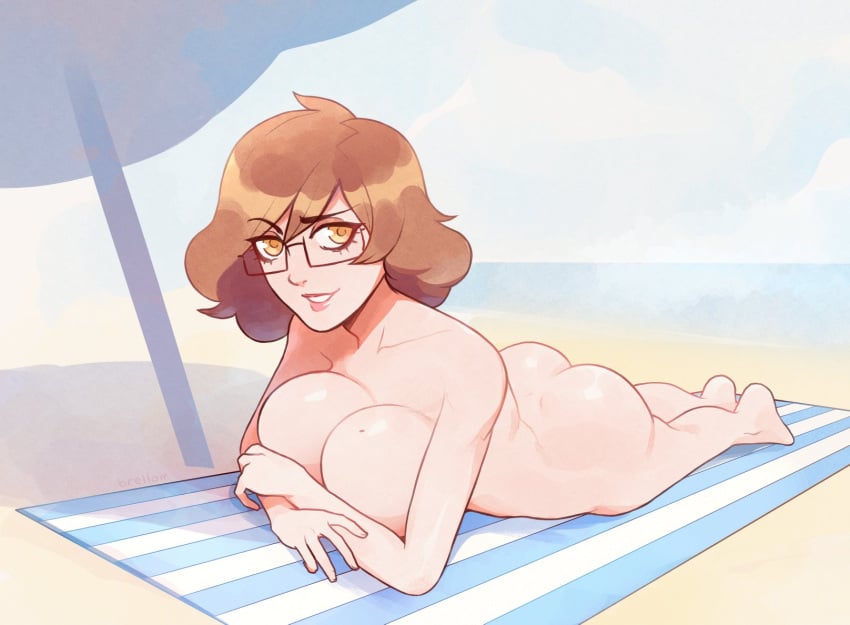 2d 2d_(artwork) artist_name artist_self-insert ass beach big_breasts bottomless bottomless_female breast_press breasts brellom brellom_(character) brellomascot brells brown_hair female female_focus female_only glasses laying_on_stomach looking_at_viewer naked naked_female nude nude_female outdoors outside self_insert solo solo_female solo_focus thick_ass topless topless_female watermark