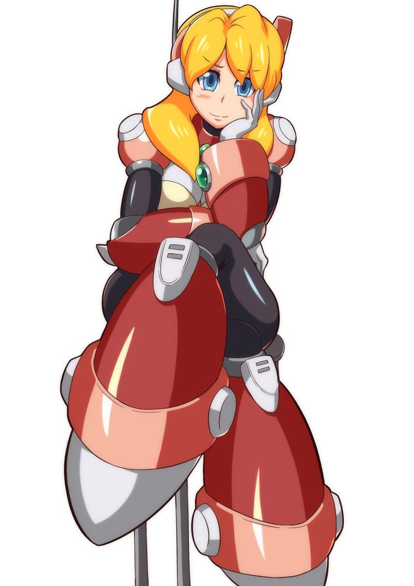 1girls alia big_breasts blonde_hair blue_eyes blush hand_on_head hand_on_leg kotatuman_dash legs_crossed long_hair mega_man mega_man_x robot_girl white_background white_gloves