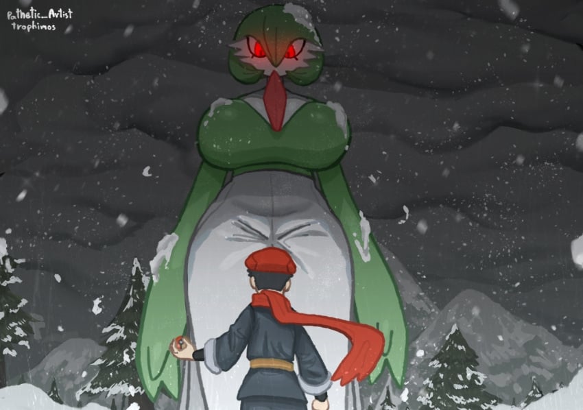 1boy 1girls alpha_pokémon anthro anthro_female big_breasts bigger_female breasts clothed clothed_male gardevoir generation_3_pokemon giant_female giant_woman giantess glowing_eyes glowing_red_eyes height_difference human human_male larger_female looking_down looking_down_at_another mini_giantess pokemon pokemon_(species) pokemon_legends:_arceus red_eyes shorter_male size_difference smaller_male staring_down trophimos