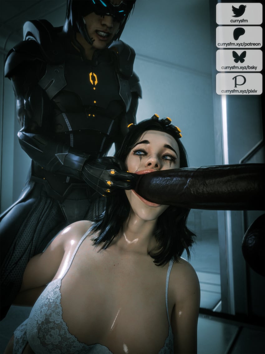 1girls 2boys 3d big_penis bioware blowjob blowjob_face currysfm dark-skinned_male dark_skin fellatio glory_hole huge_cock indoors interracial kai_leng large_penis light-skinned_female light-skinned_male light_skin mass_effect miranda_lawson oral oral_sex penis sucking sucking_penis