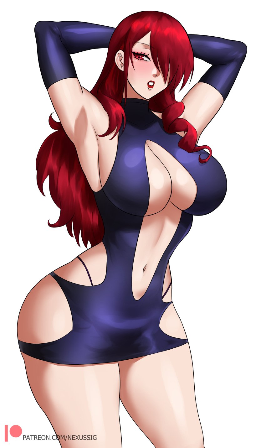 big_breasts hair_over_one_eye hips makeup mitsuru_kirijo nexus-sig persona persona_3 presenting red_eyes red_hair red_lipstick revealing_clothes