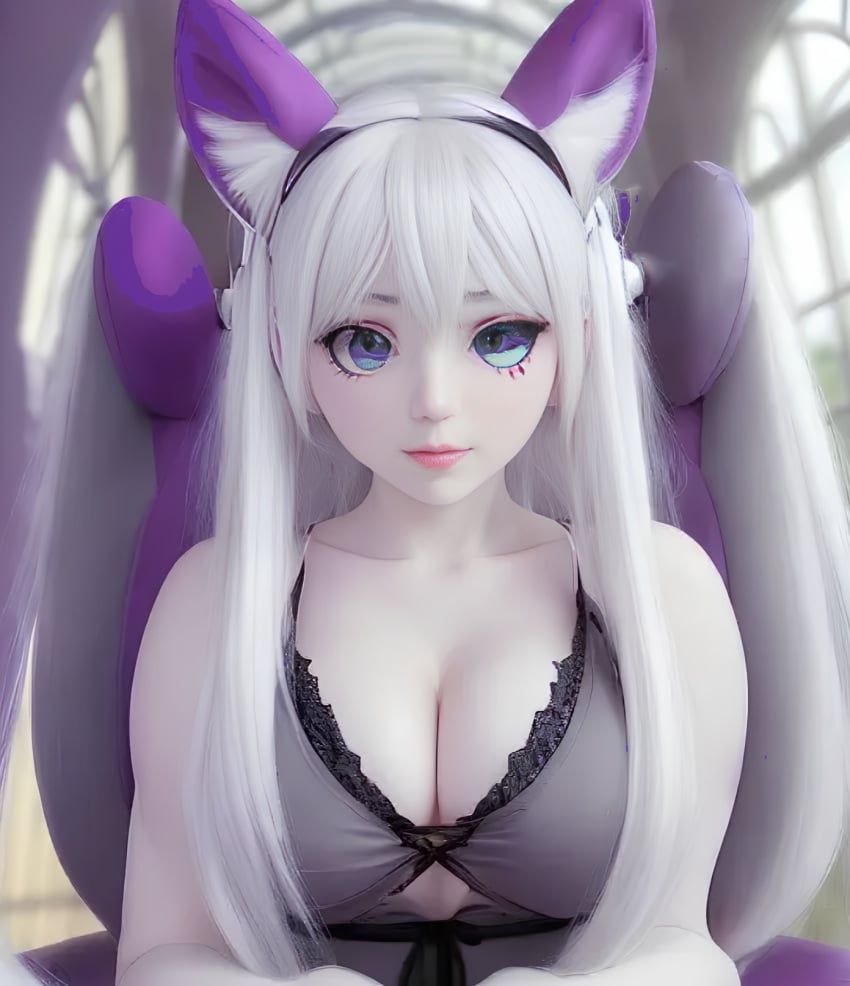 1female absurd_res ai_generated big_eyes breasts breasts cat_ears elf emilia_(re:zero) female headphones highres huge_breasts indoors large_eyes looking_at_viewer naked nude_female purple_eyes re:zero_kara_hajimeru_isekai_seikatsu realistic white_hair