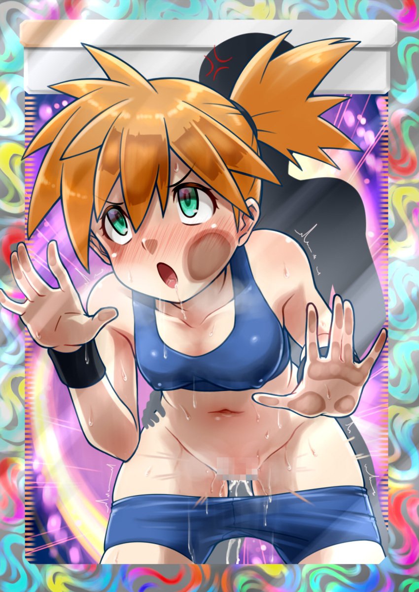 1boy against_glass ahe_gao anger_vein asymmetrical_hair blue_shorts blush breasts clothes_pull creatures_(company) drooling female game_freak gen_1_pokemon glass green_eyes gym_leader hair_between_eyes highres kasumi_(pokemon) large_breasts long_hair looking_at_viewer navel nintendo nipples nude open_mouth orange_hair penis pokemon pokemon_(anime) pokemon_(classic_anime) pokemon_frlg pokemon_rgby ponytail pussy saliva sex shiny_skin shirt short_hair short_shorts shorts shorts_pull side_ponytail solo_focus standing standing_sex straight sweat swimsuit thick_thighs thighs tongue vaginal_penetration wristband