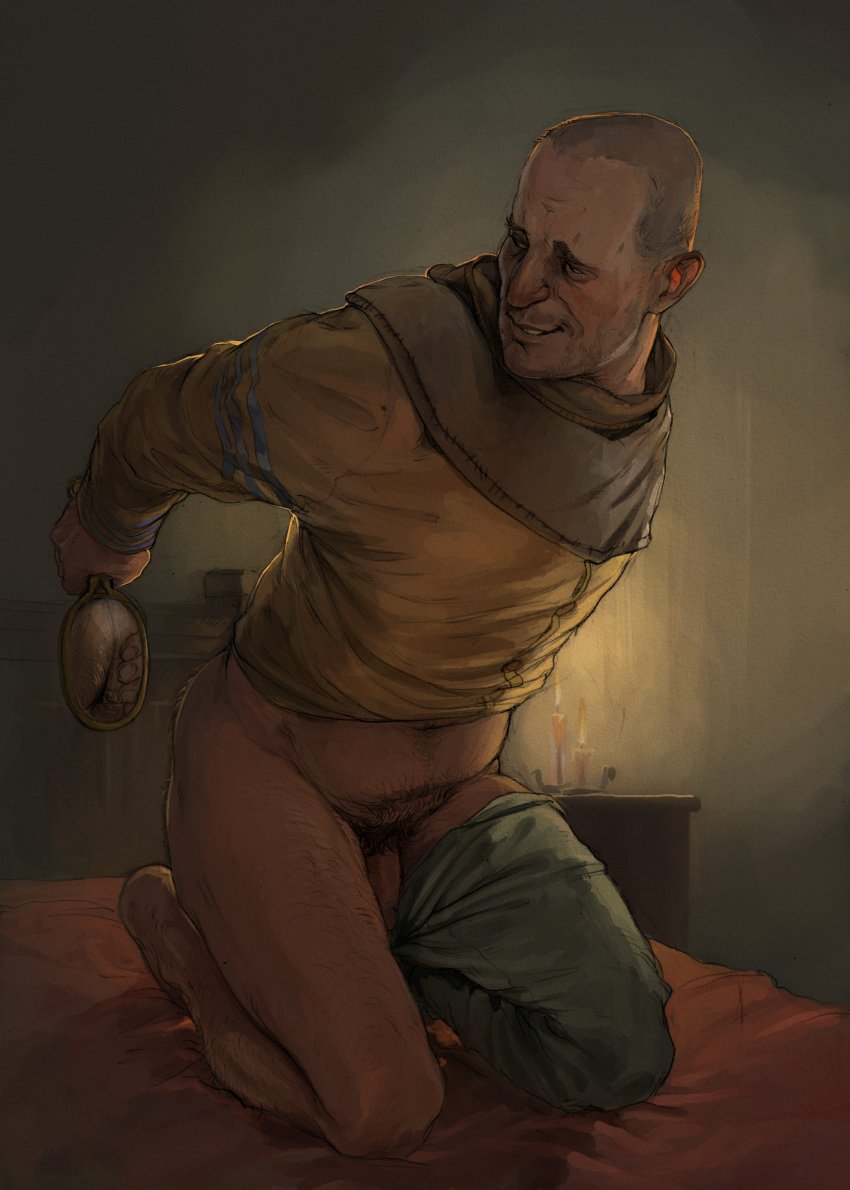 1boy candlelight flaccid_penis gaunter_o'dimm holding_mirror holding_object looking_over_shoulder male_focus male_only oldstupidtemplar on_bed partially_clothed spread_ass the_witcher_(series) the_witcher_3:_wild_hunt