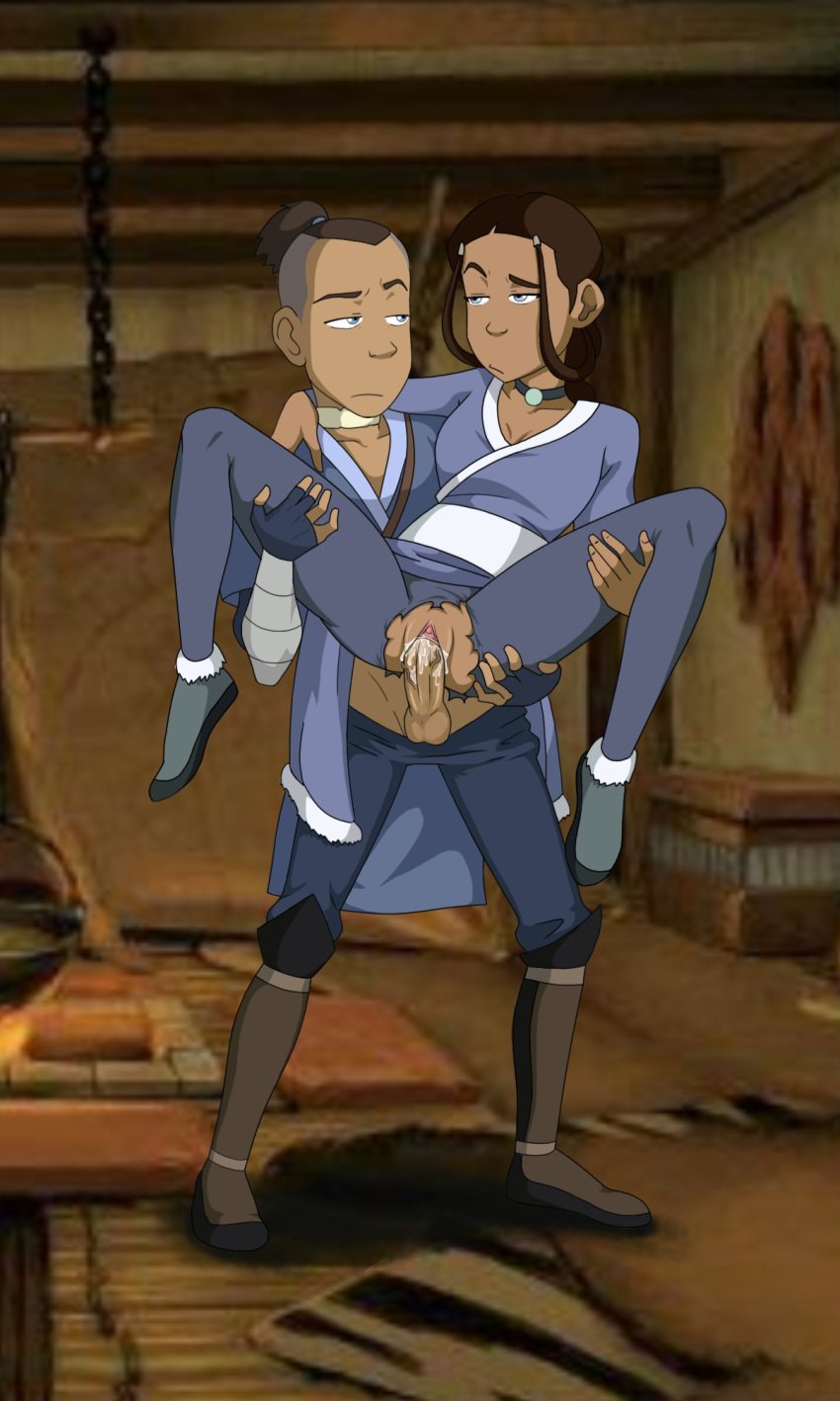 1boy 1girls avatar_legends avatar_the_last_airbender brother_and_sister carrying clothed cum_in_pussy dark_brown_hair female human incest katara male nickelodeon nicktoons oshino sex sokka tan_skin unamused unimpressed vaginal_penetration