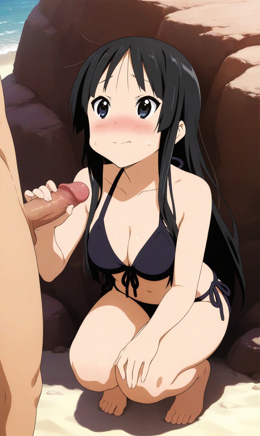 1boy 1girls ai_generated bangs beach bikini bikini_bottom bikini_top black_bikini black_eyes black_hair blush closed_mouth embarrassed faceless_male front-tie_top handjob hiding k-on! kslgsnb long_hair medium_breasts mio_akiyama_(k-on!) nervous penis pixai rock shy side-tie_bikini sidelocks squatting straight