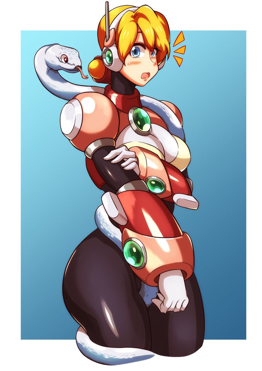 1girls :o alia big_ass big_breasts black_bodysuit blonde_hair blue_background blue_eyes blush hand_on_hand hand_under_breasts kotatuman_dash mega_man mega_man_x open_mouth robot_girl short_hair snake surprised_face white_background white_gloves