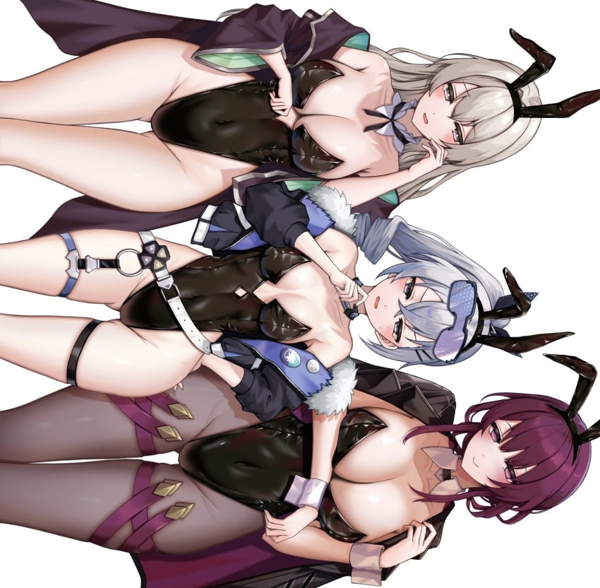 3girls big_breasts bunny_ears bunny_girl bunny_tail bunnysuit embarrassed firefly_(honkai:_star_rail) gray_eyes gray_hair honkai:_star_rail kafka_(honkai:_star_rail) kushinaka navel pink_eyes purple_eyes purple_hair ribbon silver_wolf_(honkai:_star_rail) smile tagme thighs