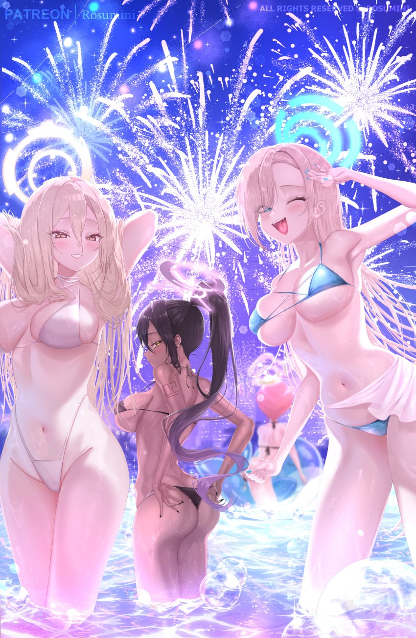 4girls ;d absurdres aerial_fireworks akane_(blue_archive) alternate_costume arm_tattoo armpits ass asuna_(blue_archive) bikini black_bikini black_hair blonde_hair blue_archive blue_bikini blush breasts cleaning_&_clearing_(blue_archive) commentary fingernails fireworks groin halo highres karin_(blue_archive) large_breasts looking_at_viewer micro_bikini multiple_girls nail_polish navel neru_(blue_archive) number_tattoo one_eye_closed patreon_username purple_halo rosumini smile stomach string_bikini swimsuit tattoo wading white_bikini