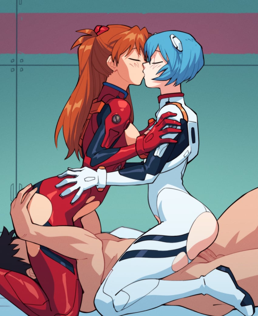 1boy 2girls asuka_langley_sohryu bisexual bisexual_female blue_hair blush bodysuit breasts clothed_sex clothing cunnilingus eyes_closed female girl_on_top hi_res human kissing lesbian_kiss light-skinned_female light_skin long_hair medium_breasts neon_genesis_evangelion oral_sex orange_hair pale-skinned_female pale_skin pilot_suit plugsuit rei_ayanami reverse_spitroast sex short_hair straight suoiresnu threesome torn_clothes triangle_position yuri