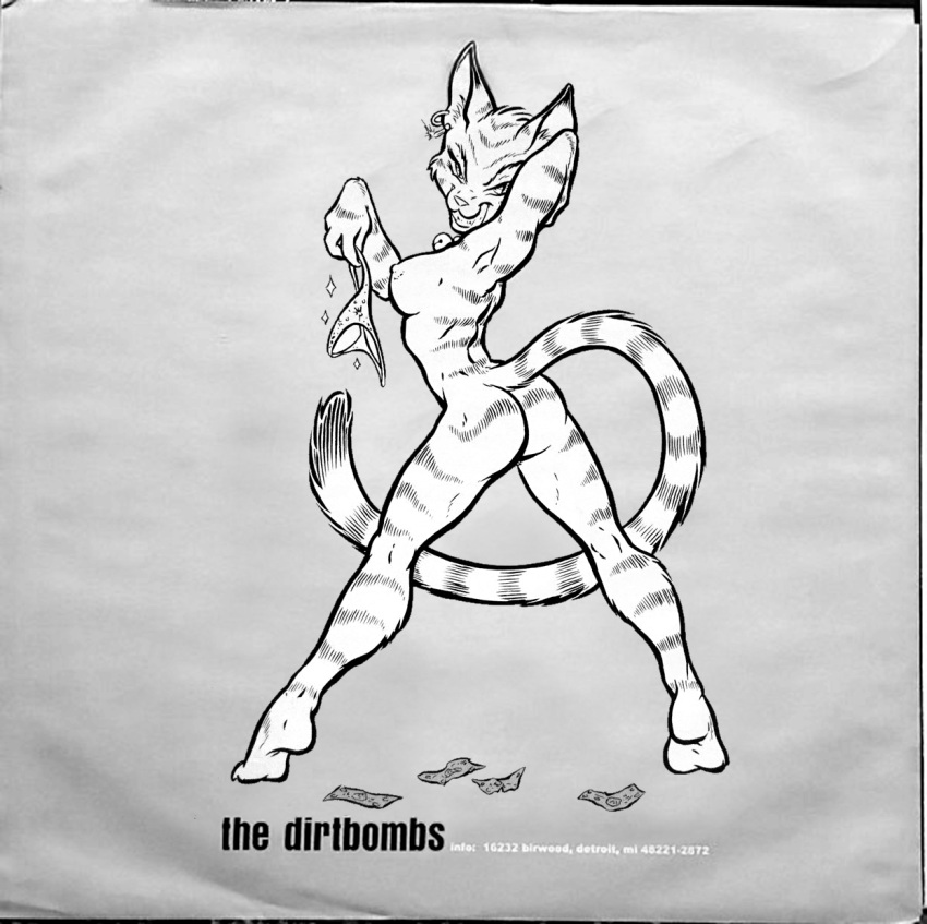 1990s 1998 20th_century album_cover anthro ass back_muscles barely_visible_genitalia barely_visible_pussy black_and_white breasts canid canine canis clothing cover domestic_cat domestic_dog ear_piercing ear_ring english_text felid feline felis female fur genitals grin hi_res holding_clothing holding_object holding_underwear in_the_red joe_rosales mammal money monochrome nipples nude piercing pinup pose pussy rear_view smile solo striped_body striped_fur stripes stripper text the_dirtbombs tiptoes underwear