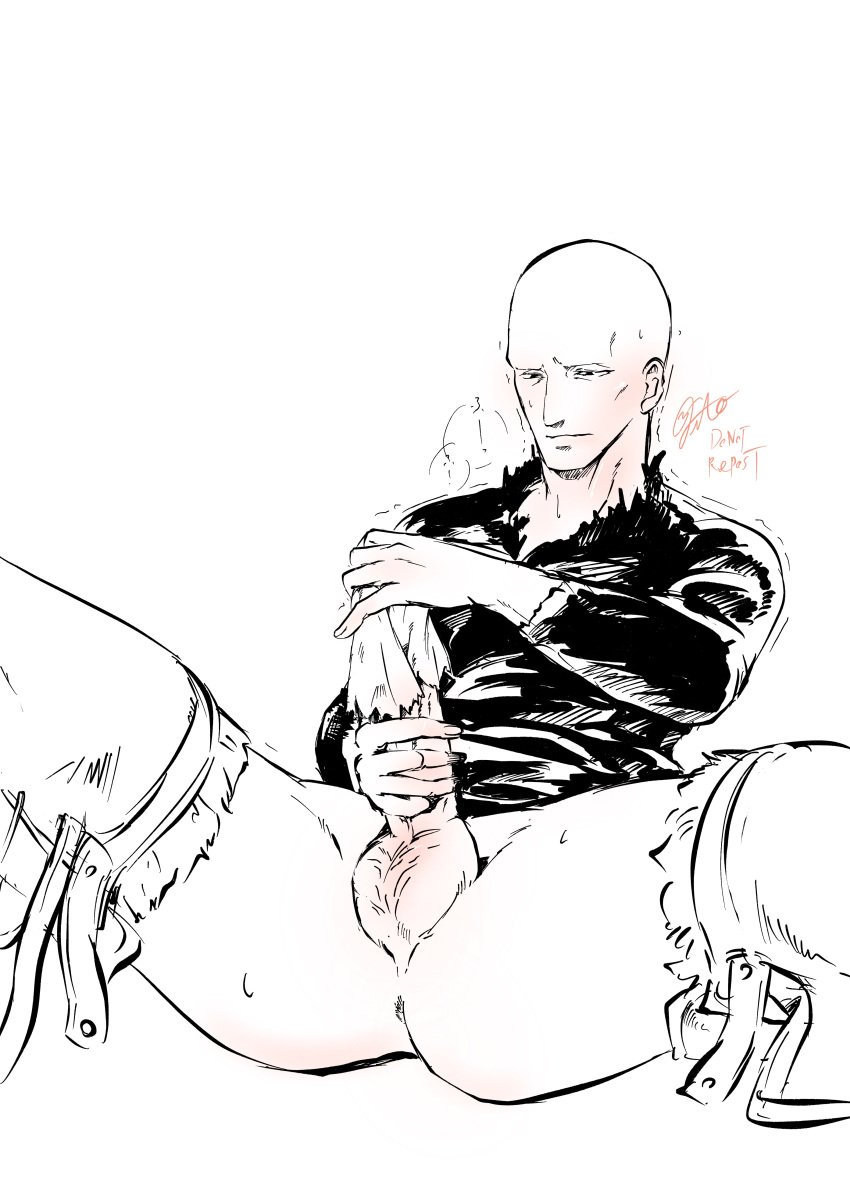 anus bald balls blush bottomless dark_souls elden_ring erection fromsoftware jitookami male male_only masturbation monochrome patches_(fromsoftware) penis solo spread_legs sweat thighhighs unbreakable_patches