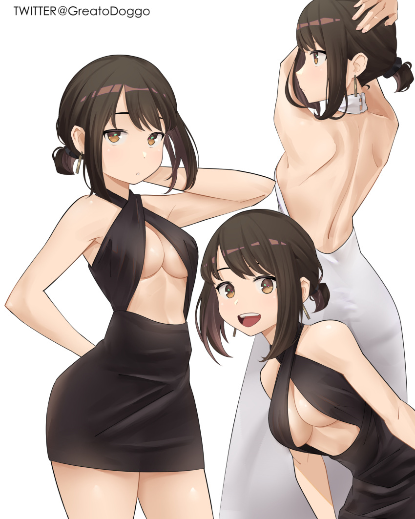 1girls ass breasts brown_eyes brown_hair douki-chan_(yomu_(sgt_epper)) dress eye_contact female ganbare_douki-chan greatodoggo light-skinned_female light_skin looking_at_viewer revealing_clothes smile solo thick_thighs thighs tied_hair