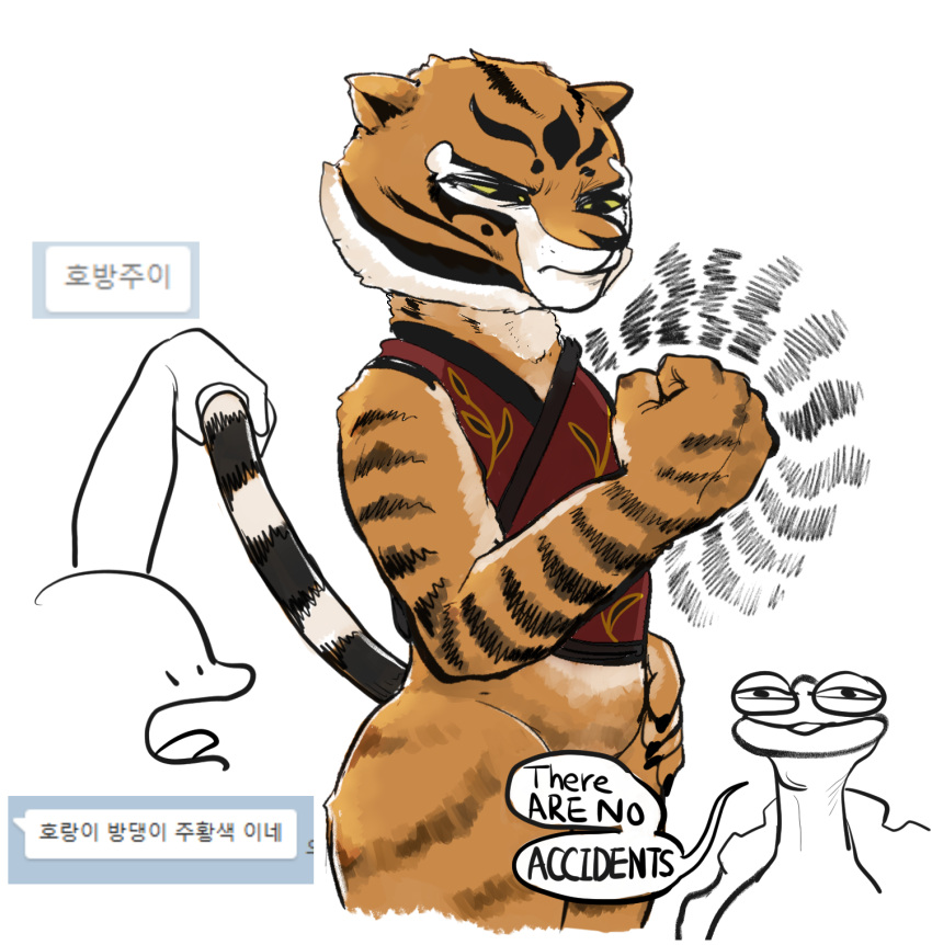 1girls 2boys anthro ass black_body black_fur black_stripes clothing dreamworks felid female fist flehmen_resp_(hentaicat) kung_fu_panda mammal master_tigress orange_body orange_fur pantherine stripes tail_grab tiger white_fur