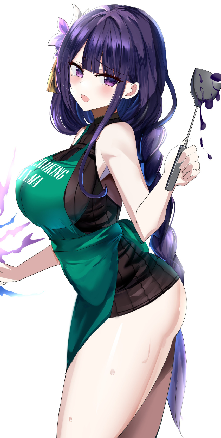 1girls absurdres adamant369 apron ass bangs bare_shoulders big_ass blush braid braided_hair breasts butt fat_ass female female_only genshin_impact green_apron hair_ornament hanasaka_houcha highres hips huge_ass huge_breasts huge_butt human human_only humanoid jumper large_ass large_breasts large_butt long_hair looking_at_viewer mole mole_under_eye mouth_open open_mouth plain_background purple_eyes purple_hair raiden_shogun shiny_skin shoulders side_view sideboob simple_background solo spatula standing sweat sweatdrop sweaty tears thick thick_ass thick_thighs thighs white_background wide_hips