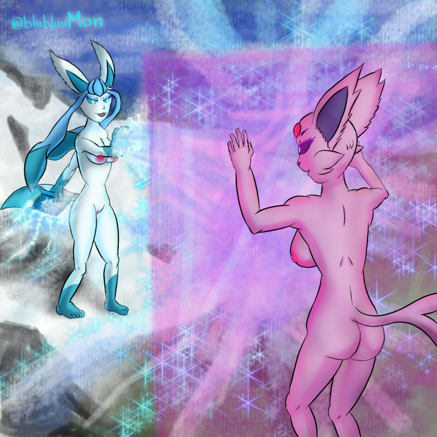 1:1 anthro ass attack blubluumon blue_eyes book breasts duo eeveelution espeon female female/female genitals glaceon hi_res magic magic_shield magic_user nintendo nude pink_eyes pokémon_(species) pokemon pussy raised_arm raised_tail snow video_games