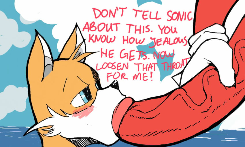 5:3 anthro big_penis blush dialogue duo genitals hi_res huge_cock hyper hyper_genitalia hyper_penis jojobizad knuckles_the_echidna male male/male male_only oral penis sega sonic_(series) sonic_the_hedgehog_(series) tails_the_fox vein veiny_penis