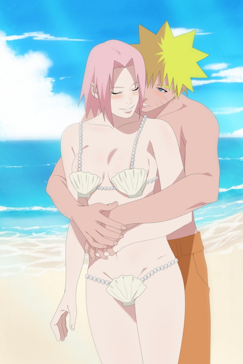 1boy 1boy1girl 1girls beach bikini blonde_hair blue_eyes blush closed_eyes hug hugging_from_behind landscape lenacringe long_hair male/female midriff naruto naruto_(series) naruto_shippuden ocean outdoors pearls pink_hair revealing_swimsuit sakura_haruno sand seashell shirtless shore short_hair smile standing straight swimsuit uzumaki_naruto