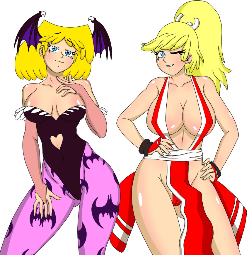 2girls barely_clothed bat_hair_ornament big_breasts big_sister blonde_female blonde_hair bodysuit busty cameltoe cleavage clothing cosplay darkstalkers duo fatal_fury female female_only half_naked hands_on_hips hips huge_breasts king_of_fighters large_breasts leni_loud leon_pazchowder lori_loud mai_shiranui_(cosplay) medium_breasts morrigan_aensland_(cosplay) nickelodeon no_bra onee-chan revealing_clothes sisters smile the_loud_house thick_thighs thighs tights wide_hips wink