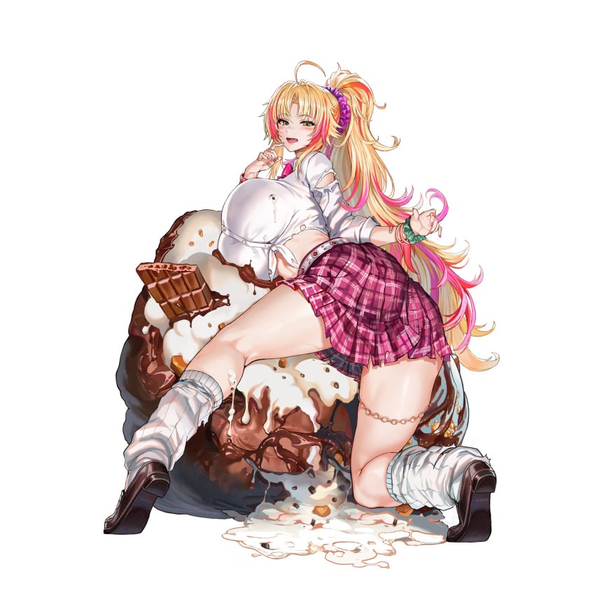 1girls alternate_costume ass ass_focus ass_up barbariana_(last_origin) barbariana_(scary_sister's_school_uniform)_(last_origin) bare_legs bare_midriff bare_thighs blonde_hair blue_eyes bracelet bracelets breasts candy chocolate_on_breasts cowlick cream female female_only front_view gyaru large_breasts last_origin leaning_forward light-skinned_female light_skin long_hair long_ponytail looking_at_viewer loose_socks midriff multicolored_hair navel navel_line oerba_yun_fang official_alternate_costume official_art on_one_knee open_mouth pink_hair ponytail ribbon ripped_clothing short_skirt skirt sole_female solo taesi tagme thick_thighs thighs transparent_background white_shirt wide_hips