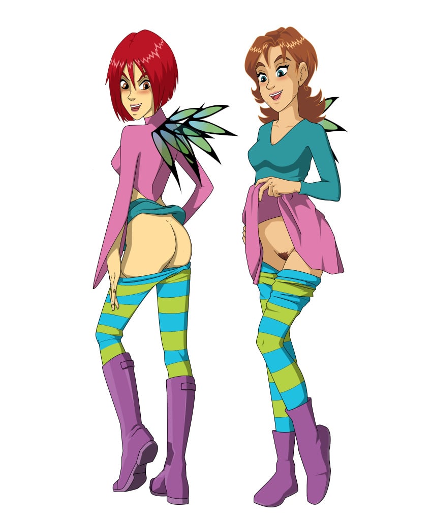 2girls alpha_channel ass boots butt fairy fairy_wings female female_only flashing hairy irma_lair mooning multiple_girls nanotyrannus png smile transparent_background w.i.t.c.h. will_vandom wings