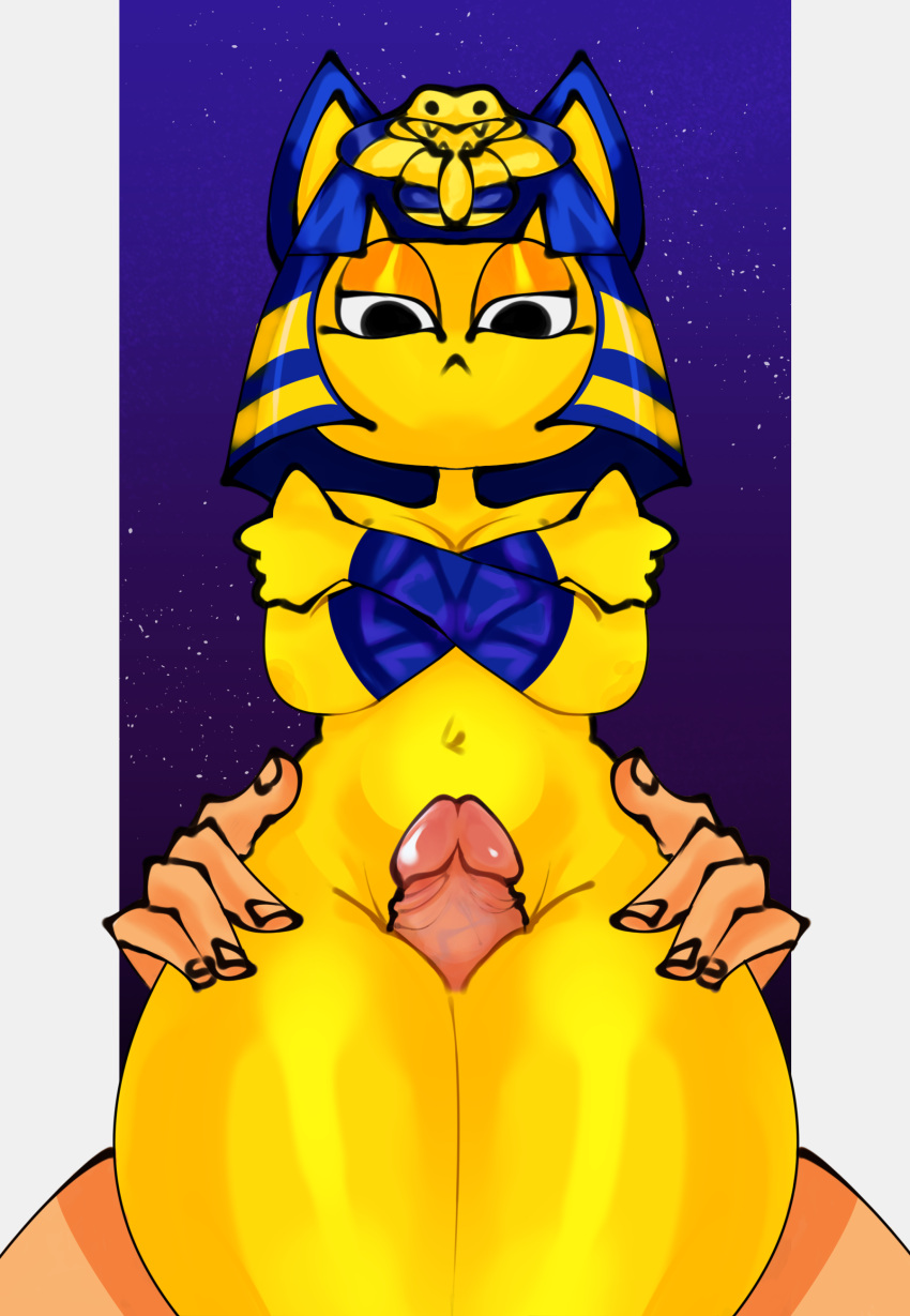 1boy 1girls absurd_res animal_crossing ankha ankha_ride_(minus8) anthro domestic_cat duo egyptian felid feline felis female female_focus genitals hi_res human_on_anthro humanoid humanoid_genitalia humanoid_hands humanoid_penis looking_at_viewer male/female male_human/female_anthro male_on_anthro mammal moonrick nintendo obscured_character penis sex thigh_sex unseen_male_face video_games villager_(animal_crossing) yellow_body