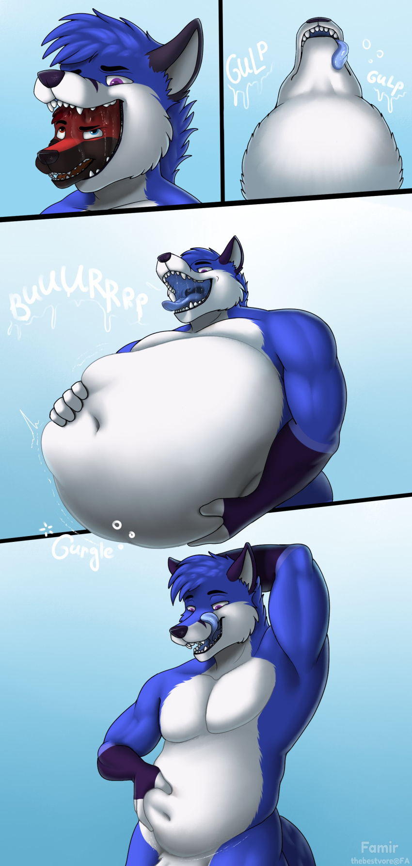 2021 5_fingers absurd_res after_vore ambiguous_gender ambiguous_prey anthro anthro_pred athletic athletic_anthro athletic_male belly belly_focus belly_pinch belly_squeeze biceps big_belly biped black_body black_border black_countershading black_ears black_eyebrows black_markings black_nose blue_background blue_body blue_eyes blue_fur blue_tongue blue_tuft bodily_fluids body_in_mouth border burping canid canine cheek_tuft chubby_anthro chubby_male colored comic countershade_face countershade_torso countershading crotch_tuft death deep_navel digestion digital_drawing_(artwork) digital_media_(artwork) dripping drooling duo ear_tuft eyebrows facial_markings facial_tuft fangs fatal fatal_vore feet_first fingerless_(marking) fingers fluffy fluffy_tail fox front_view fur fur_markings fur_tuft gloves_(marking) gradient_background grey_inner_ear grey_text half-closed_eyes half-length_portrait hand_behind_head hand_on_stomach head_markings head_tilt head_tuft heterochromia hi_res holding_stomach hungry hyper hyper_belly in_mouth klaus_(klaus_foxyboxy) licking licking_lips licking_own_lips looking_at_another looking_at_belly looking_at_own_belly looking_down looking_up low-angle_view male male/male male_pred male_prey mammal markings mike_(themikefox) motion_lines multicolored_body multicolored_fur multiple_scenes narrowed_eyes navel neck_bulge nude onomatopoeia open_mouth open_smile oral_vore overweight overweight_anthro overweight_male pecs portrait purple_eyes raised_arm raised_eyebrow red_body red_eyes red_fur rumbling_stomach saliva saliva_drip saliva_on_face saliva_string same_size_vore satisfied self_lick shaded signature simple_background slightly_chubby smile soft_vore sound_effects standing stomach_bulge stuck surprise swallowing teeth text thebestvore three-quarter_view tongue tongue_out triceps tuft two_tone_body two_tone_fur unwilling_prey unwilling_vore uvula vore watermark weight_gain wet wet_body wet_fur white_body white_countershading white_fingers white_fur white_text white_tuft wide_eyed