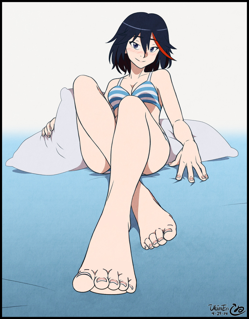 black_hair blue_eyes blush bra breasts edit feet female female_only foot_focus highres kill_la_kill legs looking_at_viewer matoi_ryuuko multicolored_hair panties partially_clothed pillow pov_feet smile solo star striped striped_bra striped_panties toes two_tone_hair ukimen underwear