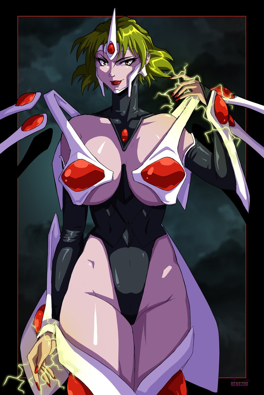 1girls 2023 big_breasts brown_eyes character_request electricity female female_only green_hair hi_res looking_at_viewer medium_hair red_lipstick renezuo skimpy skimpy_clothes smiling smiling_at_viewer solo thick_thighs voltage_fighter_gowcaizer