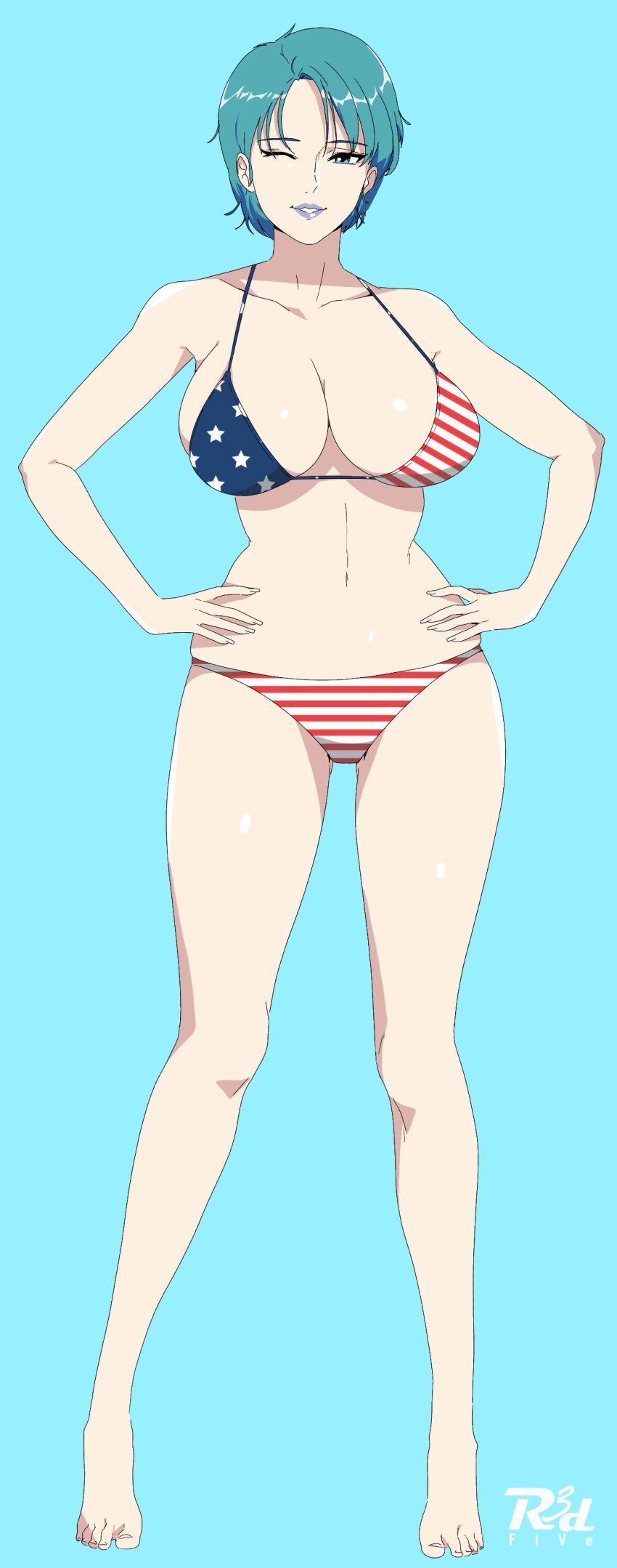 1girls 2021 2d 2d_(artwork) absurd_res absurd_resolution absurdres american_flag american_flag_bikini bikini blue_background blue_eyes blue_lipstick breasts curvaceous female four_murasame full_body green_hair gundam hanging_breasts human large_breasts light-skinned_female light_skin lipstick looking_at_viewer pinup r3dfive short_hair solo solo_female solo_focus standing wide_hips wink zeta_gundam