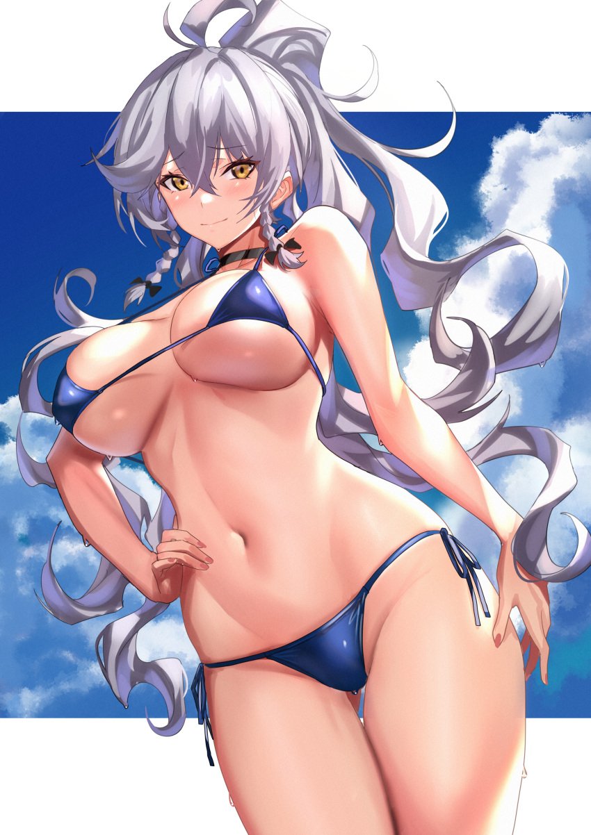 absurdres bangs braid breasts cleavage commentary female female granblue_fantasy highres large_breasts long_hair looking_at_viewer navel ponytail silva_(granblue_fantasy) silver_hair smile ulrich_(tagaragakuin) yellow_eyes