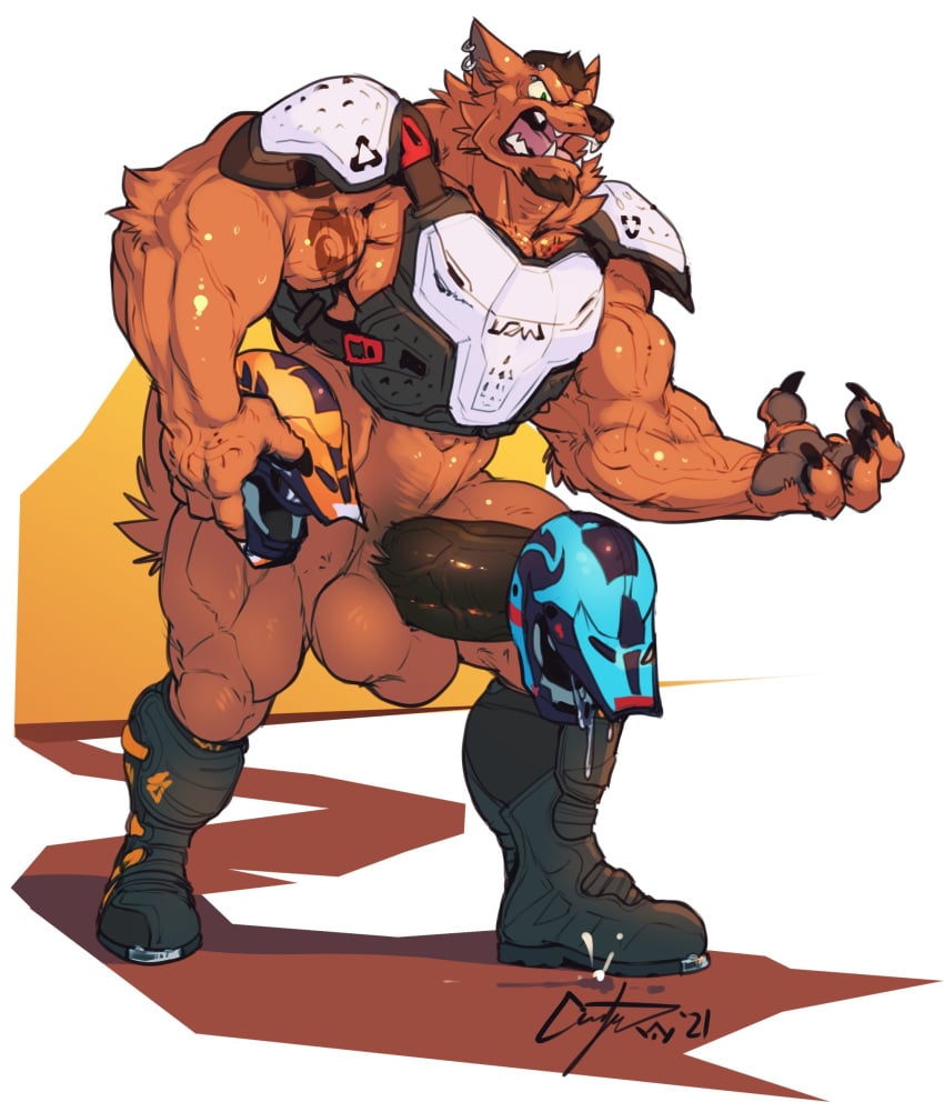 1boy 2021 abs american_football anthro armor balls barazoku beard biceps big_balls big_muscles big_penis bodily_fluids boots bottomless canid canine canis claws clothed clothing cum cum_drip dripping ear_piercing ear_ring erection facial_hair footwear genital_fluids genitals hair headgear helmet hi_res holding_headgear holding_helmet holding_object huge_balls huge_cock huge_muscles humanoid_genitalia humanoid_penis male male_only mammal muscular muscular_anthro muscular_male navel nightterror open_mouth penis piercing shin_pads shoulder_pads signature simple_background solo sport sportswear standing sweat tattoo teeth tongue tremor_(character) vein veiny_muscles wolf