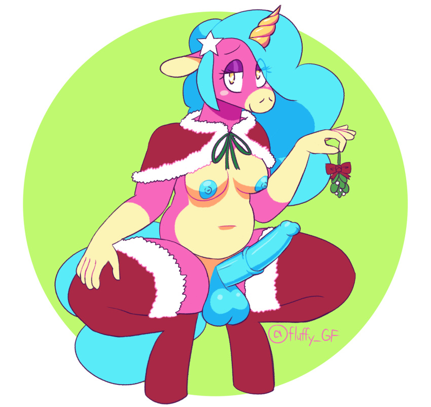 <3_eyes 2019 animal_genitalia animal_penis anthro areola balls bedroom_eyes big_balls big_penis biped blue_hair blue_penis blush breasts christmas christmas_clothing chubby circle_background clothing countershading crouching equid equine equine_penis erection fluffy_gf fur futa_only futanari genitals glans gloves_(marking) hair heart hi_res holidays hooves horn humanoid_genitalia humanoid_penis hybrid_genitalia hybrid_penis intersex leggings legwear long_hair mammal markings medial_ring mistletoe narrowed_eyes nipples penis pink_body pink_fur plant seductive simple_background small_breasts smile solo star_hair_accessory stella_(fluffy_gf) tan_body tan_countershading unicorn