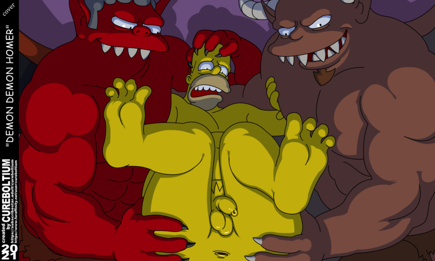 4_fingers 4_toes 5:3 anus balls big_dom_small_sub cureboltium demon dominant dominant_humanoid feet fingers flaccid genitals grin group group_sex homer_simpson horn human humanoid humanoid_dominating_human larger_humanoid male male/male male_only mammal moe-looking_satan muscular overweight penis rape_face sex size_difference smaller_human smile submissive submissive_human the_simpsons threesome toes